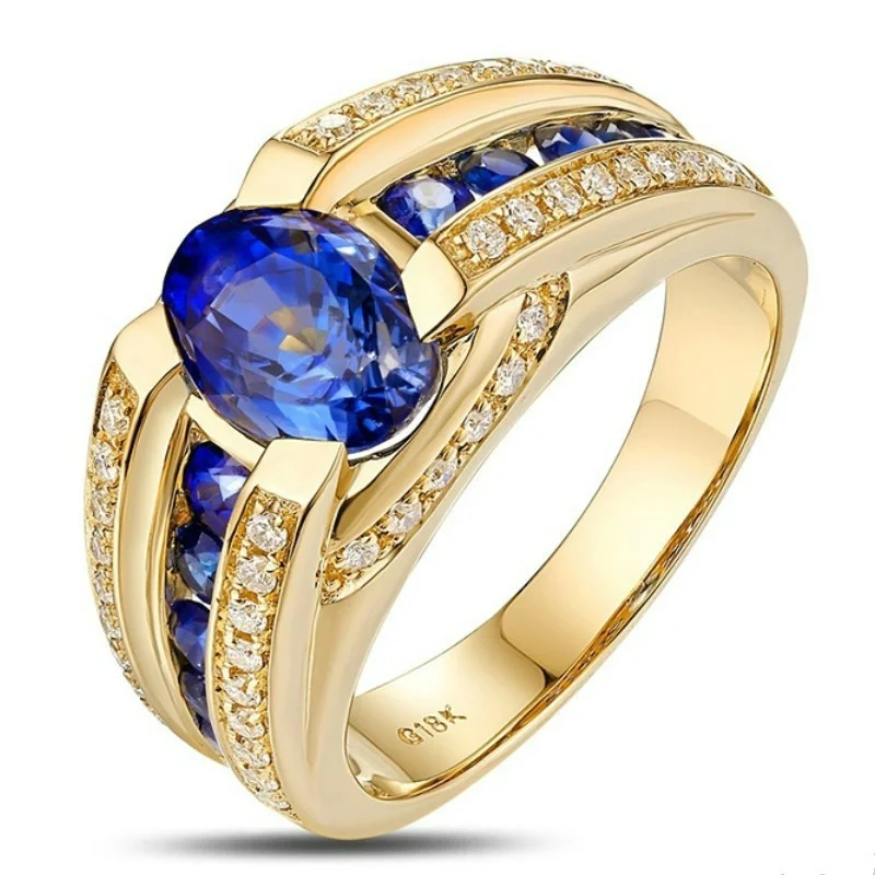 Men's Fashion 18K Gold Color Ring Luxury Domineering Blue Gem Ring Wedding Engagement Ring Party Jewelry Size 6-13