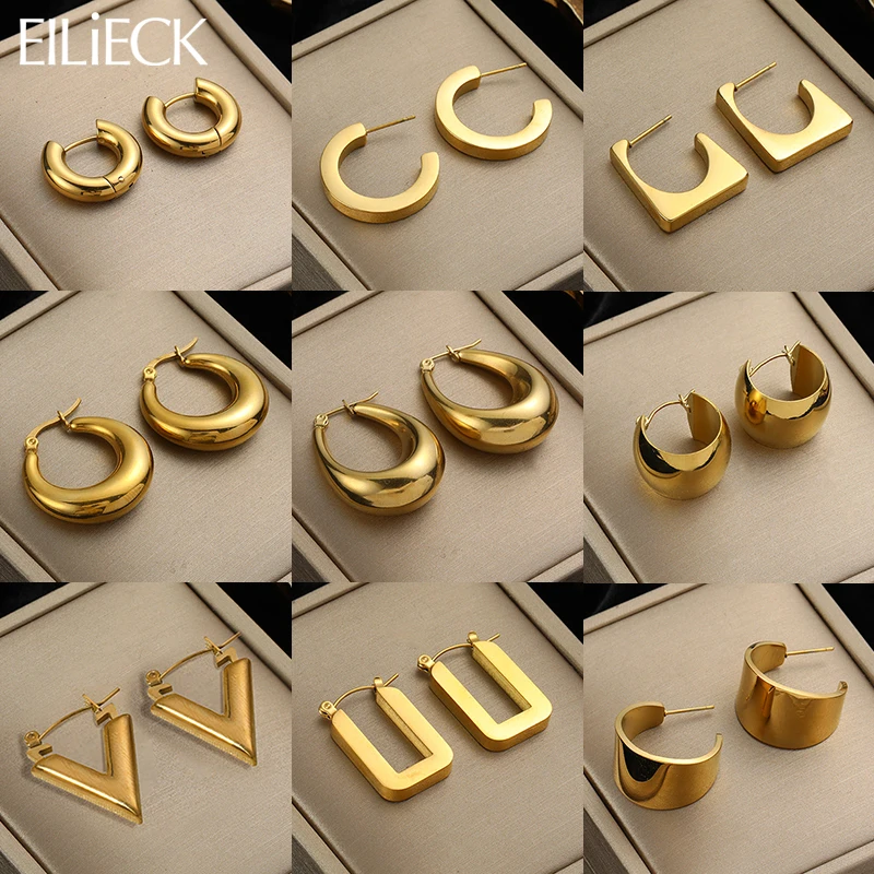 EILIECK 316L Stainless Steel Metal Hollow Hoop Huggie Earrings For Women High-quality Fashion Gold Color Ear Jewelry Accessories-animated-img