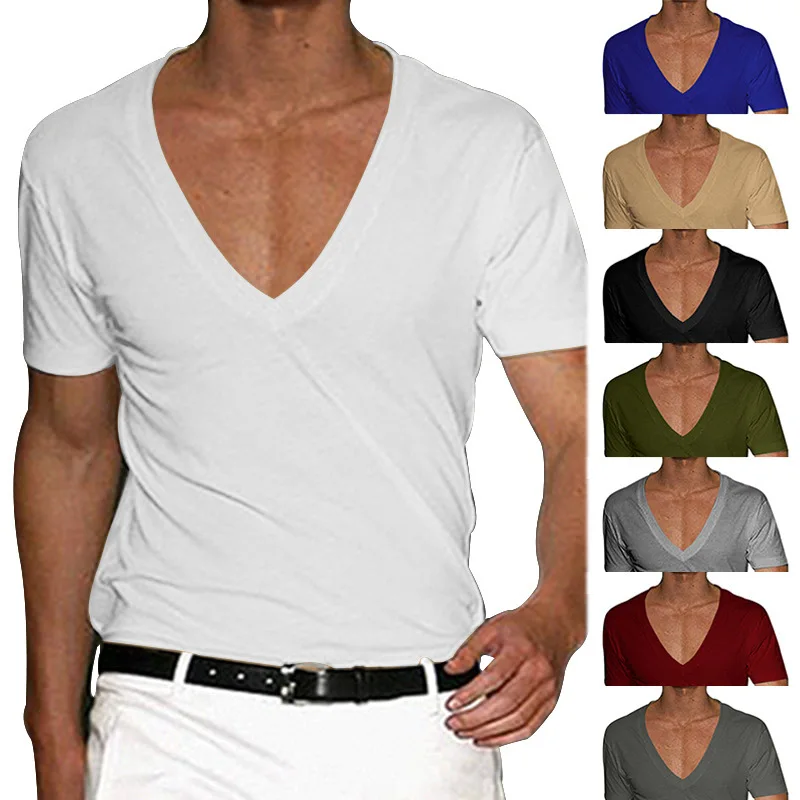 Sexy Deep V Neck Short Sleeve Slim Men T-shirts Oversized M-4XL Solid Color Casual Tee Shirt Tops CBFS-23056-animated-img