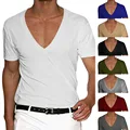 Sexy Deep V Neck Short Sleeve Slim Men T-shirts Oversized M-4XL Solid Color Casual Tee Shirt Tops CBFS-23056 preview-1