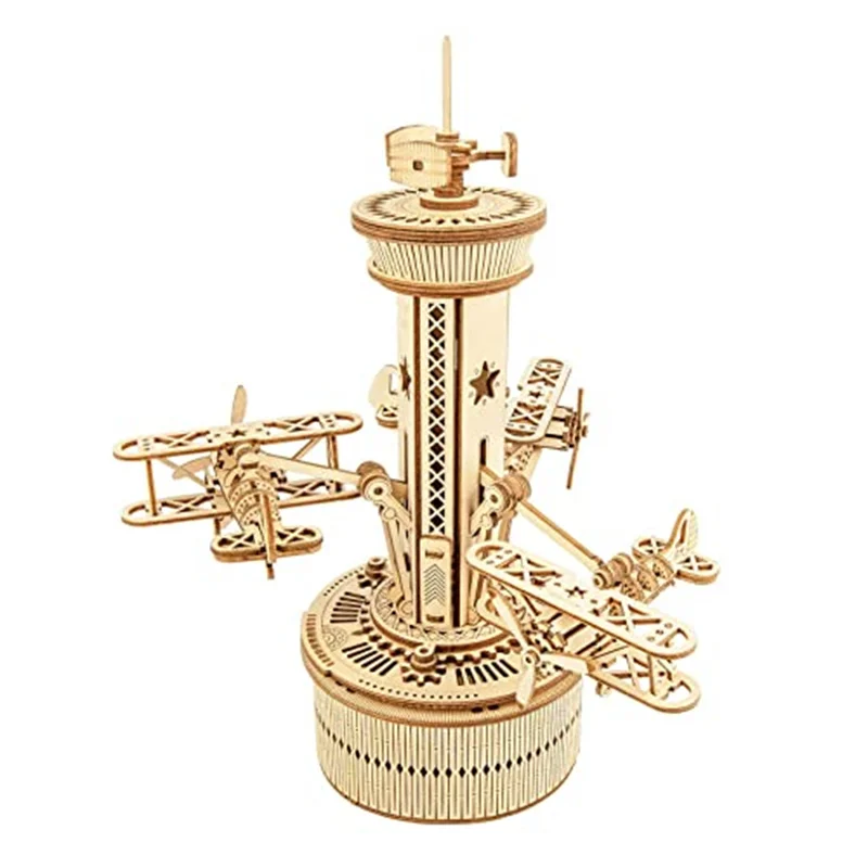 Robotime Roker 3D Wooden Puzzles for Adults DIY Musical Box Model Kit to Build Self-Assembly Building Kit Airplane-Control Tower-animated-img