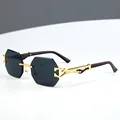 Vintage Rimless Polygonal Metal Frame Sunglasses with Leopard DesignTemples -Unisex Outdoor Party Vacation Travel Driving Photo preview-4