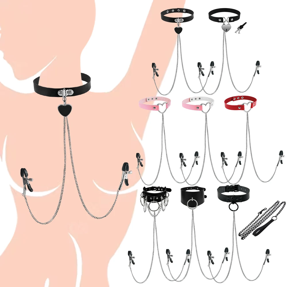 1pc Nipple Ring With Choker Necklace Punk Style Leather Collar Choker Nipple Clip Long Chain Nipple Barbell Piercing Jewelry-animated-img