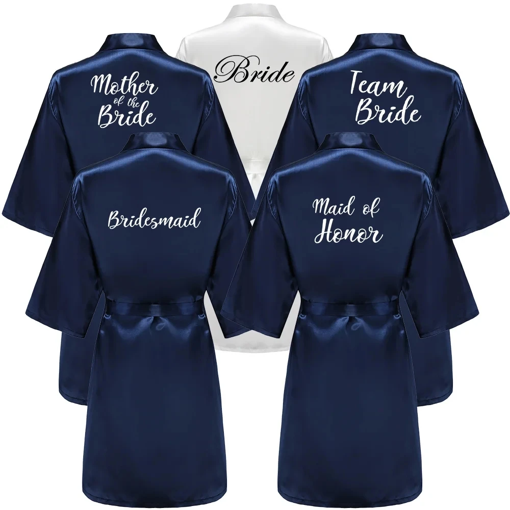 Satin Silk Robes Plus Size Wedding Bathrobe Bride Bridesmaid Mother Maid of Honor Gown Women Clothing Sleepwear Navy Blue-animated-img