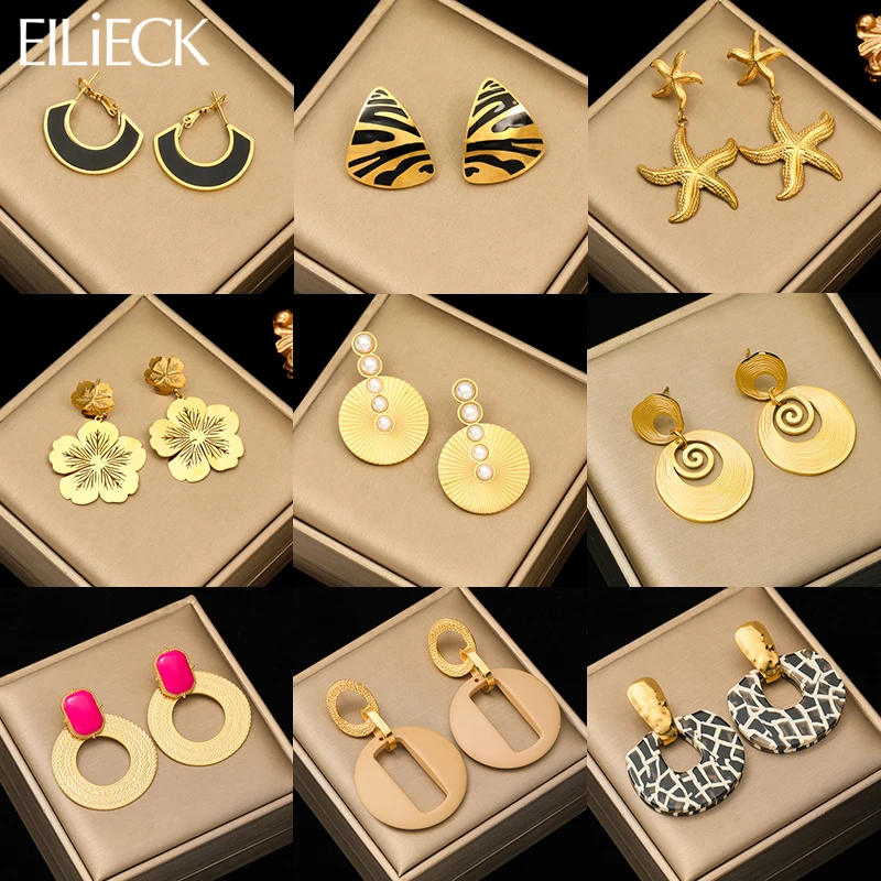 EILIECK 316L Stainless Steel Geometric Tiger Stripe Starfish Flower Earrings For Women Fashion Gold Color Ear Dangle Jewelry-animated-img