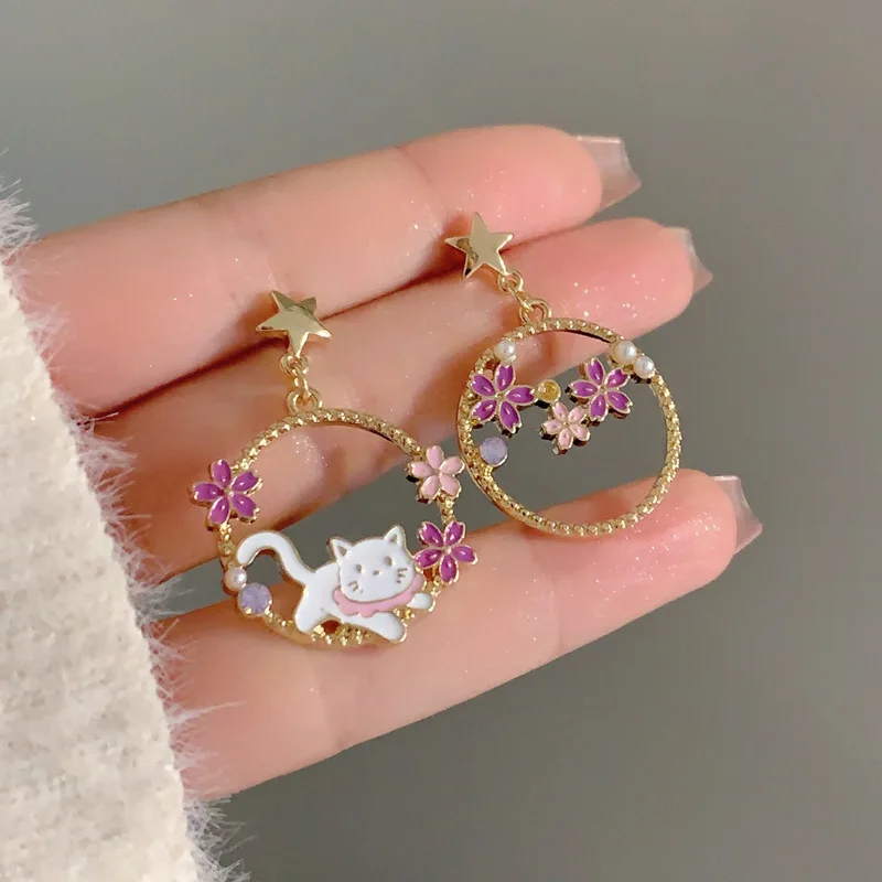 New Korean Hollow Flower Kitten Stud Earring For Women Crystal Zircon Pearl Cat Fishtail Asymmetrical Earring Girl Party Jewelry-animated-img