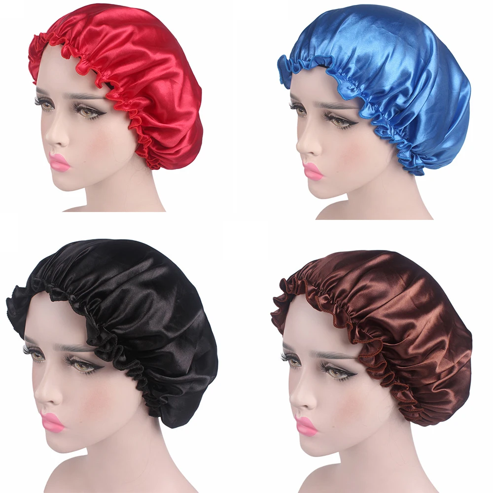 hot sale! 1pc Hair Styling Sleep Caps Fabric Hair Bonnet Satin Lined Sleep Cap Night Hat Adjust Shower Cap Silk Bonnets-animated-img