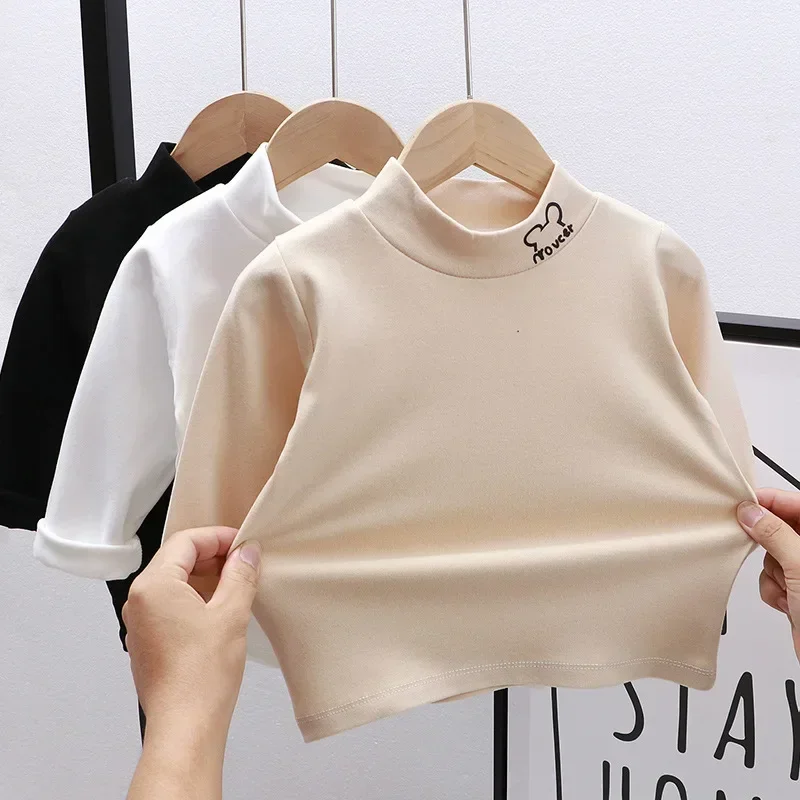 Autumn Winter Children Kids Boys Girls T-shirts Tops Turtleneck Solid Long Sleeve Warm Fleece Bottoming Shirts Tees for Kids-animated-img