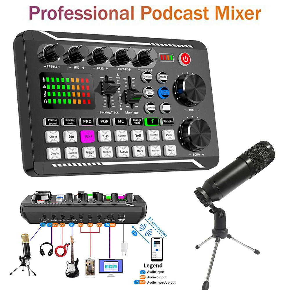 F998 Multifunctional Tuning Sound Card Microphone Mixer Kit Audio Recording Mixer Audio Mixing Console Amplifier for Phone PC-animated-img