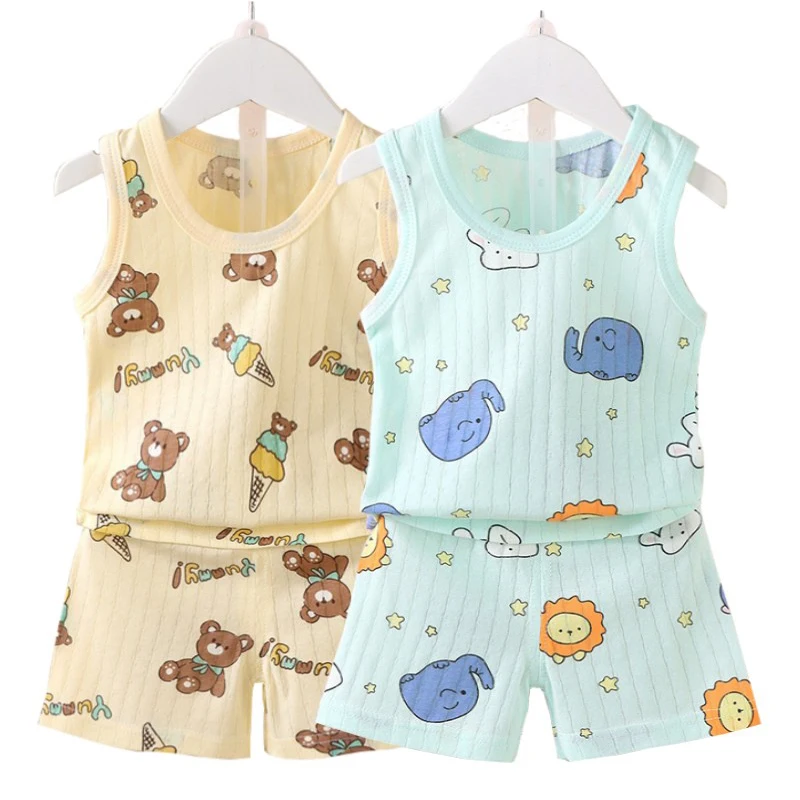 0-4 Years Kid Baby Cartoon Vest+Shorts 2-Piece Clothing Set Summer Boys Girls Soft Cotton Pajama Casual Tracksuit Clothes Suit-animated-img