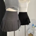 Gray Pleated Skirt High Waist Slim A- Line Short Skirt For Women 2024 New Design Belted Elegant Half Length Gown preview-4