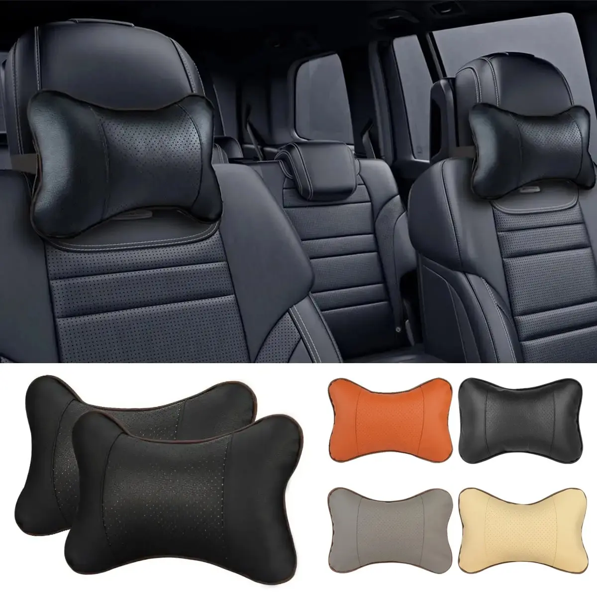 Car Neck Pillows Both Side Pu Leather 1pcs Pack Headrest For Head Pain Relief Filled Fiber Universal Car Pillow-animated-img