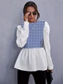 Women Elegant Houndstooth Shirt Fashion Ruffle Stitching Fluffy Long Sleeve Top Casual Chic Ladies Blouse Office White Shirts preview-4