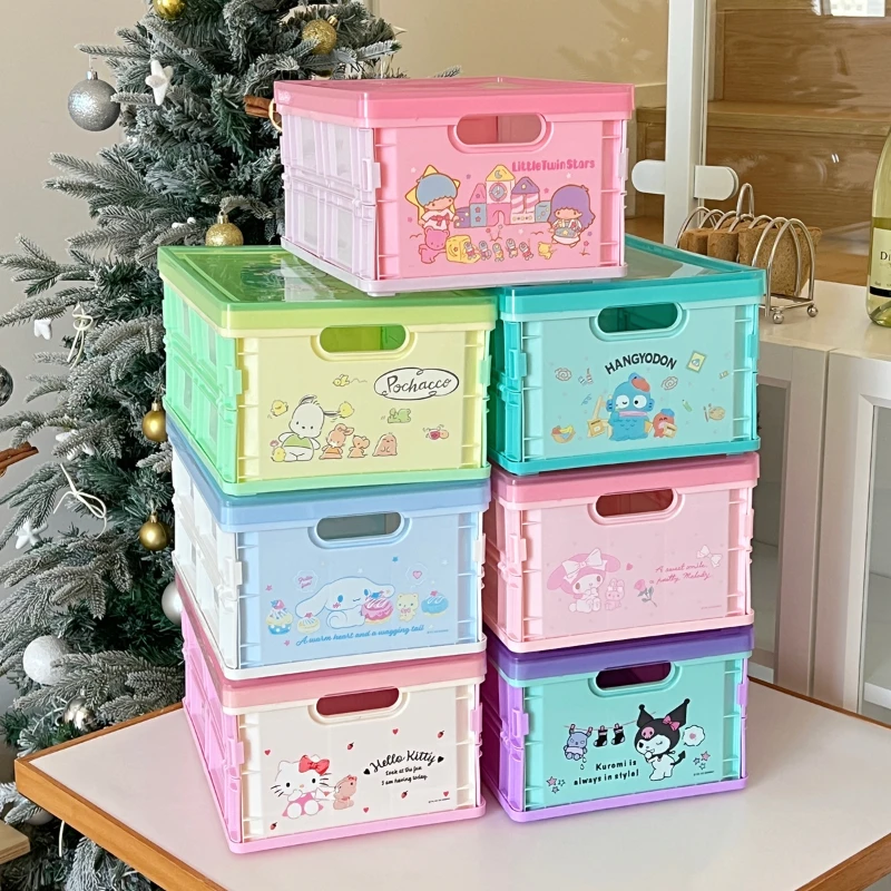Sanrio HelloKitty Folding Storage Box Organizer with Lid Kuromi Cinnamoroll Desktop Storage Box Melody Cosmetics Storage Basket-animated-img
