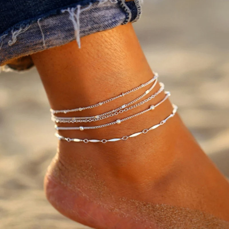 Bohemian Multi Layer Anklet Set For Women Sparkling Thin Chain Cross Pendant Bracelet On Leg Foot Summer Beach Trendy Jewelry-animated-img