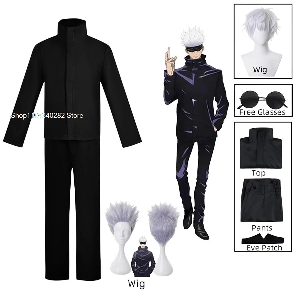 Anime Jujutsu Kaisen Gojo Satoru Cosplay Costume Eye Patch Wigs Glasses Suit Halloween Costumes for Men-animated-img