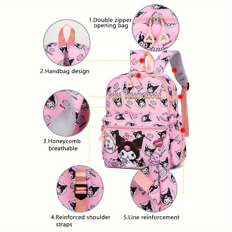 Hello Kitty 4pcs Backpack Set - Adjustable Straps, Zip Closure, Anime Print Design with Crossbody Bag, Pencil Case & Coin Purse-animated-img