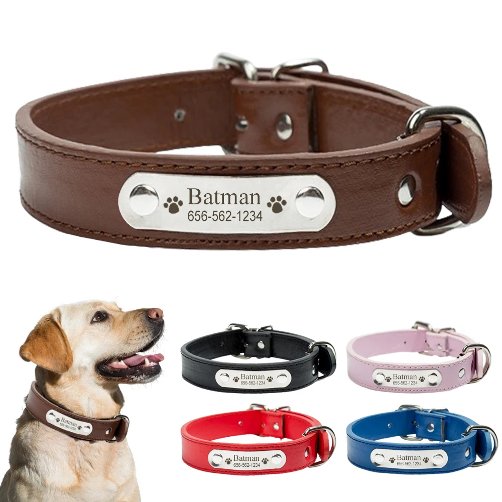 Personalized PU Leather Dog Collar Durable Adjustable Engrave Name ID Tag Customized Collar for Pet Small Medium Large Dog Puppy-animated-img