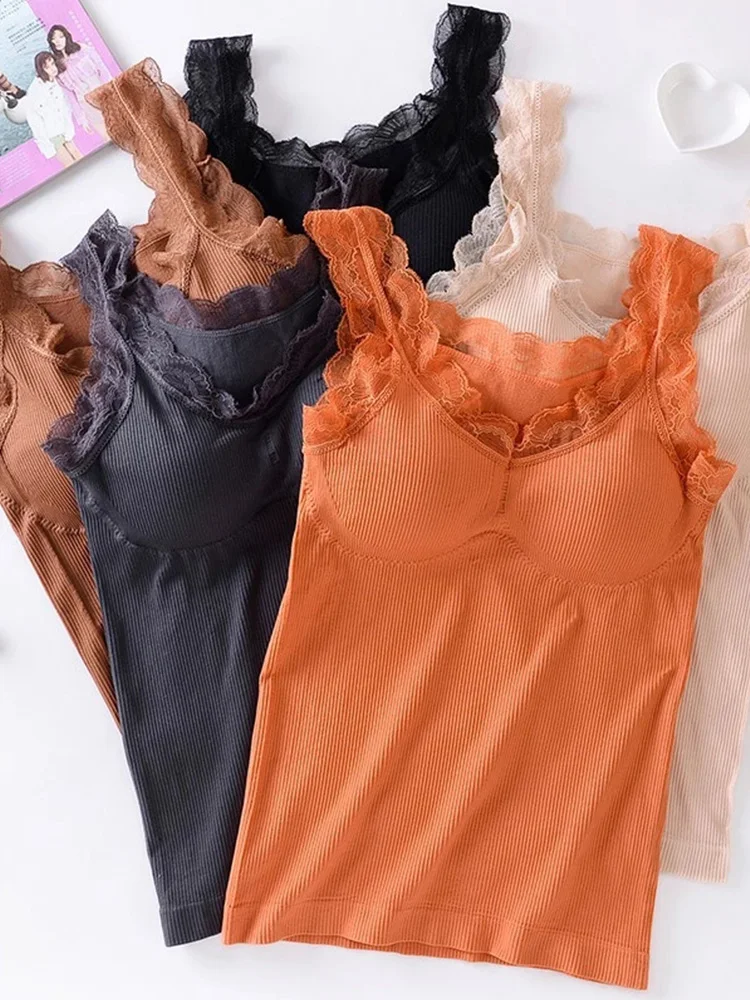 Lace Camisole With Chest Pad Tank Tops Women Sexy Solid Color Bottoming Vest Underwear