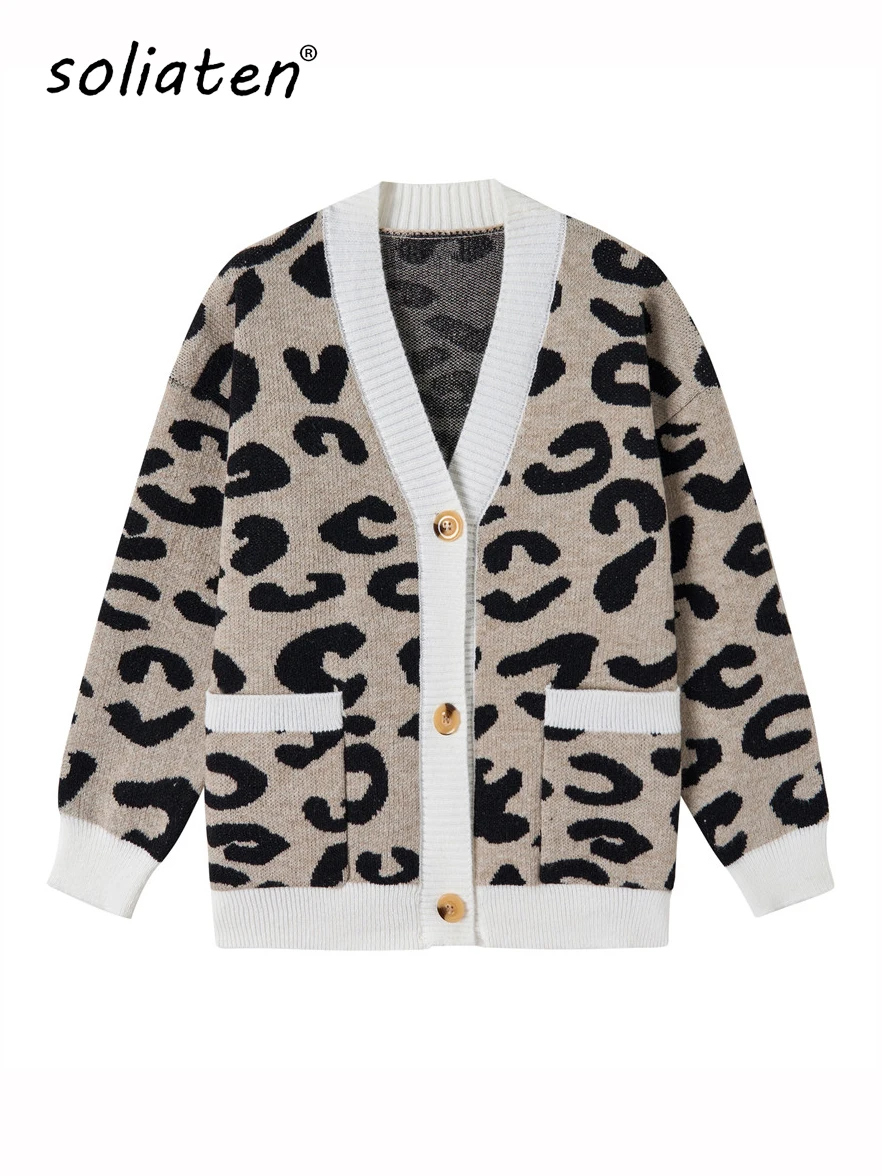 Fall Winter Leopard Jacquard Cardigan Women with Buttons Oversized Jacket Loose Warm Knitted Cardigan for Women C-136-animated-img