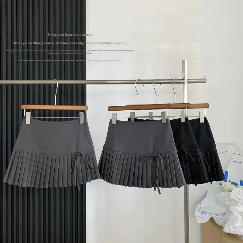 Gray Pleated Skirt High Waist Slim A- Line Short Skirt For Women 2024 New Design Belted Elegant Half Length Gown-animated-img