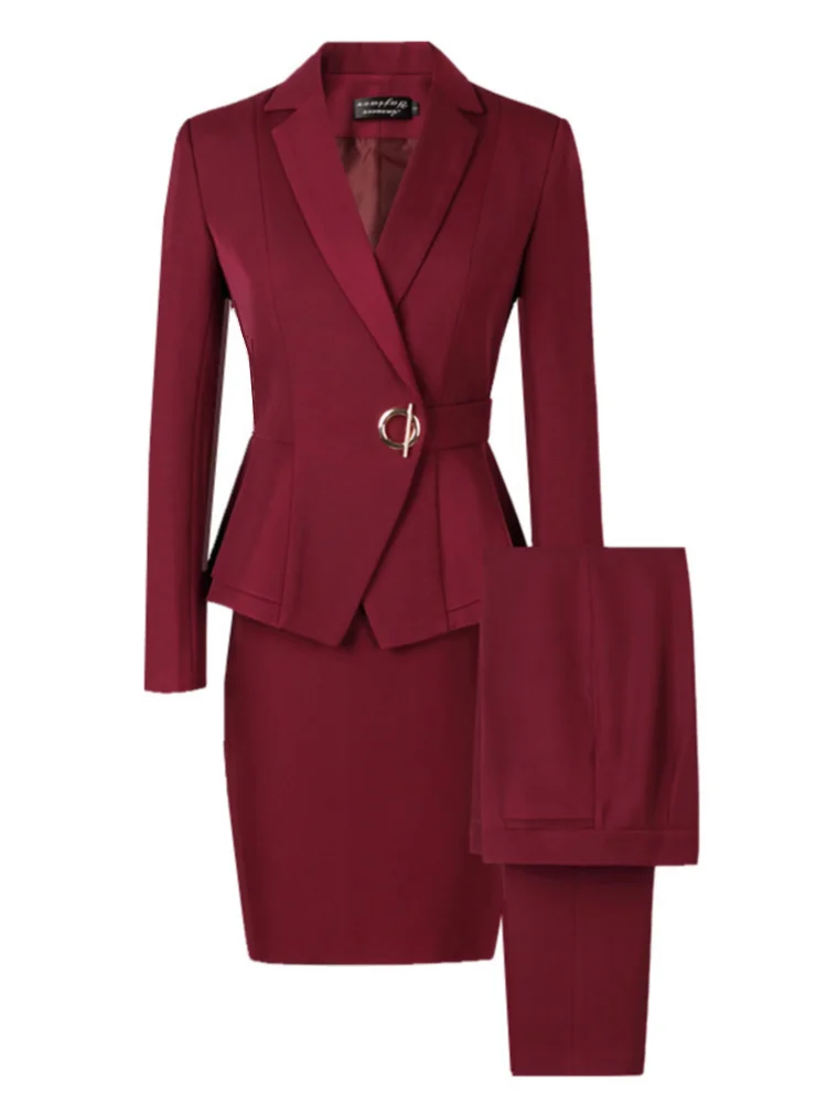 Women Skirt Suits Two Piece Set Office Ladies Blazer Pants Wine Red Elegant  Business Suit Set Black Suits Work Wear Uniform