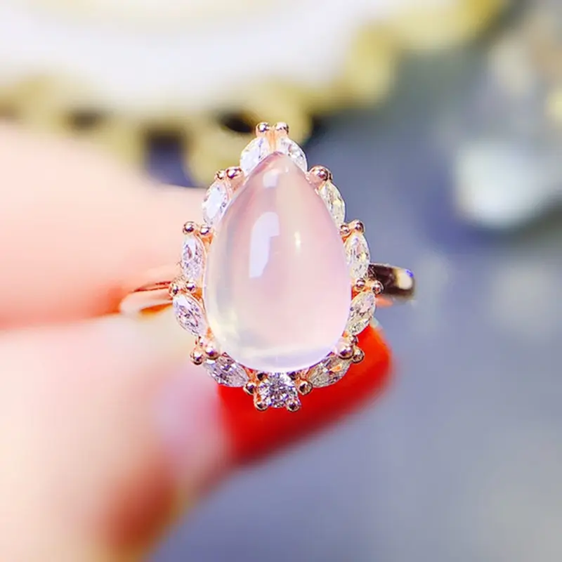 Per jewelry Natural real pink rose quartz ring Water drop style 10*14mm 5ct gemstone 925 sterling silver Fine jewelry J245530-animated-img