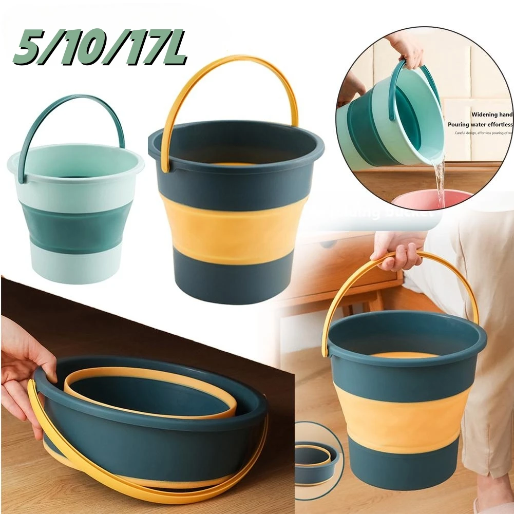 5/10L Folding Portable Bucket with Cover Car Wash Fishing Bathroom Tool Silicone Bucket Outdoor Camping Household Supplies-animated-img