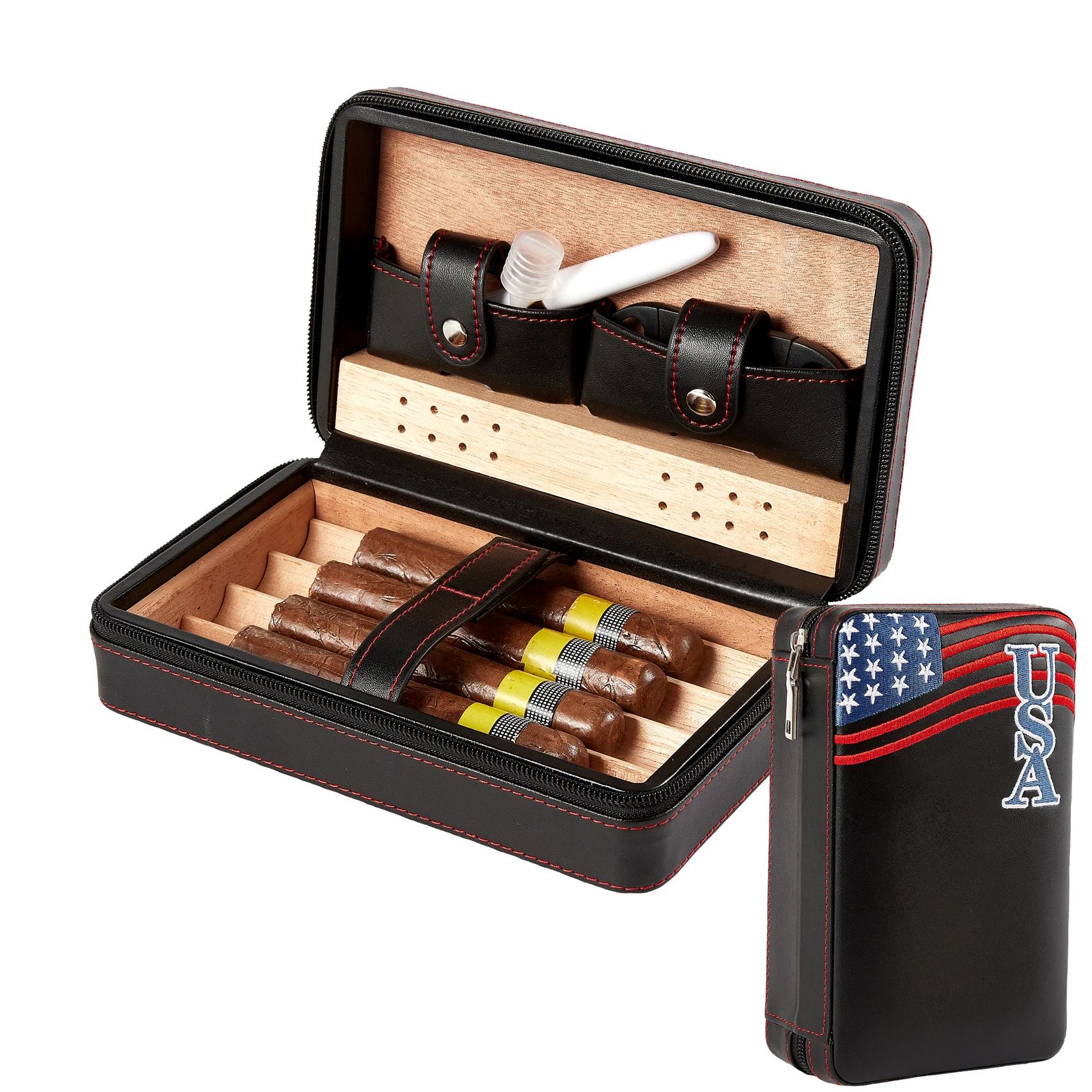 Portable Humidor Cigar Box Travel Cigar Case Leather Cedar