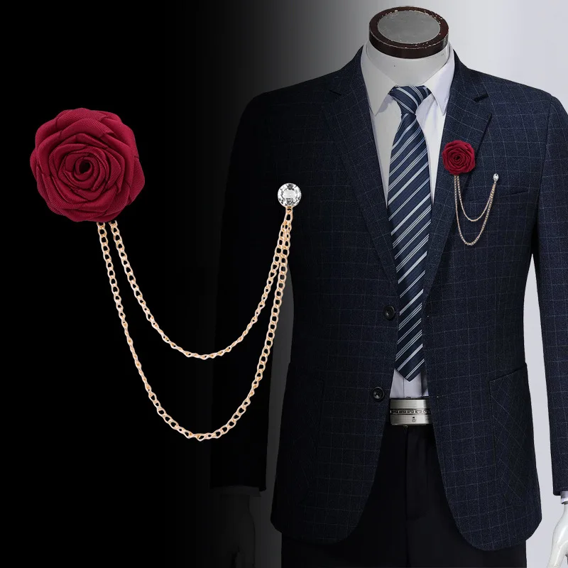 Men's Suit Rose Flower Brooches Pins Canvas Fabric Ribbon Tie