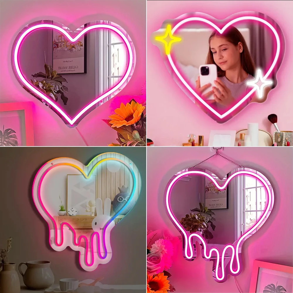 Mirror Love Shaped Neon Sign Bedroom Wall Decor Pink Room Decoration Makeup Vanity Wedding Party Romantic Birthday Gift USB Lamp-animated-img