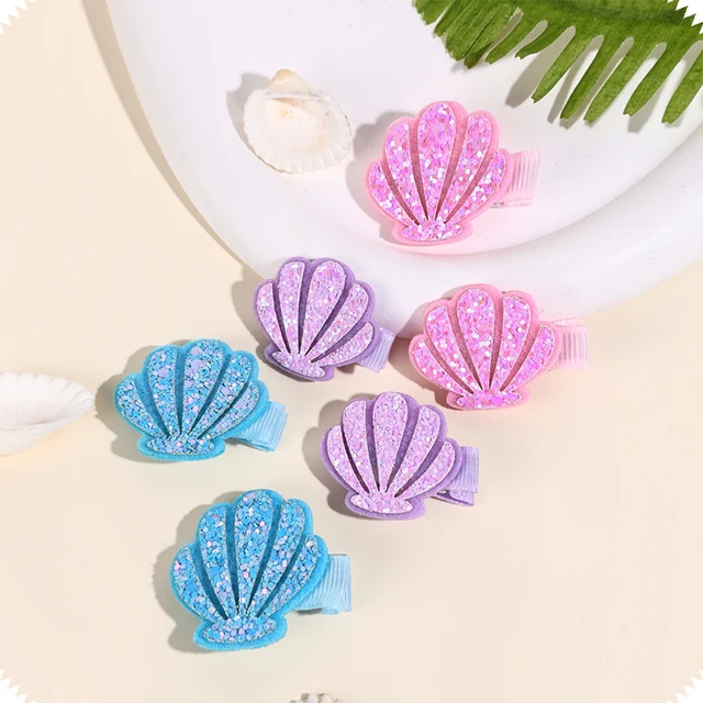 6pcs Pink, Blue and Purple Three-color Shining Glittery Shell-shaped Hair Clips Hair Clips for Girls Kids Hair Accessories Set-animated-img