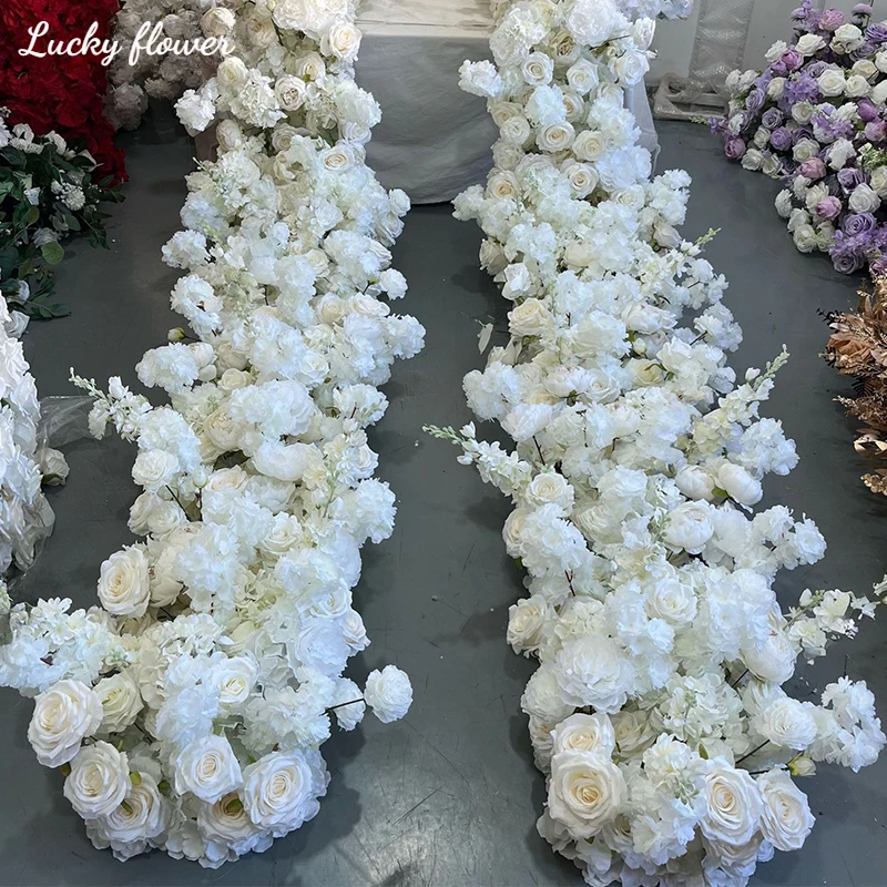 Luxury Artificial White Rose Hydrangea Leaf Wedding Arch Floral Row Arrangement Table Centerpiece Flower Ball Long Flower Runner-animated-img