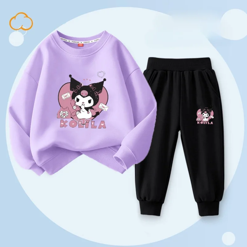 Sanrio Cartoon Kuromi Print Clothing Sets for Children Girls Sweatshirt + Long Pants 2piece Autumn Baby Toddler Kids Sweatsuits-animated-img