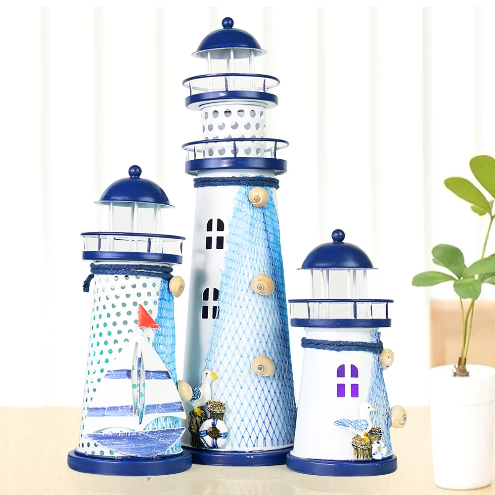 Mediterranean Ocean Lighthouse Figurine Lantern Tower Beacon Candle Holder Miniature Nautical Home Wedding Decoration Craft Gift-animated-img