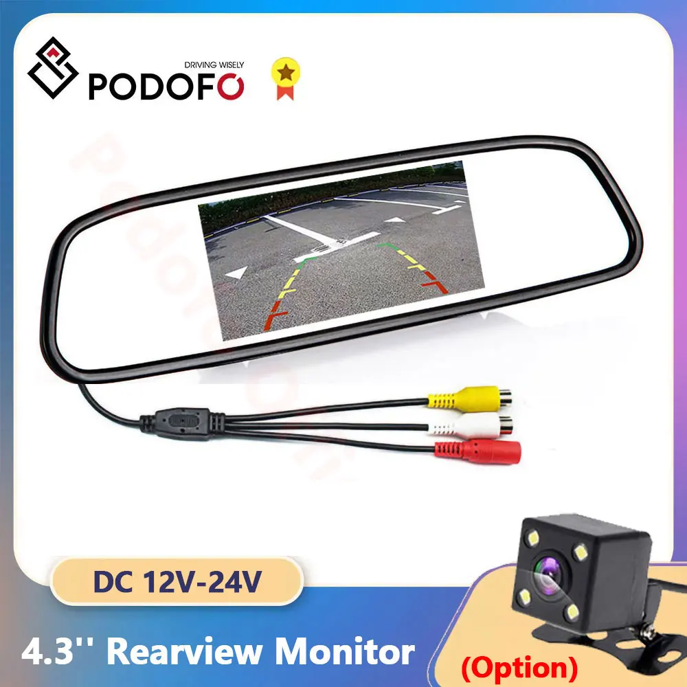 Podofo CCD HD Waterproof Parking Monitors System, 4 LED Night Vision Car Rear View Camera + 4.3 inch Car Rearview Mirror Monitor-animated-img