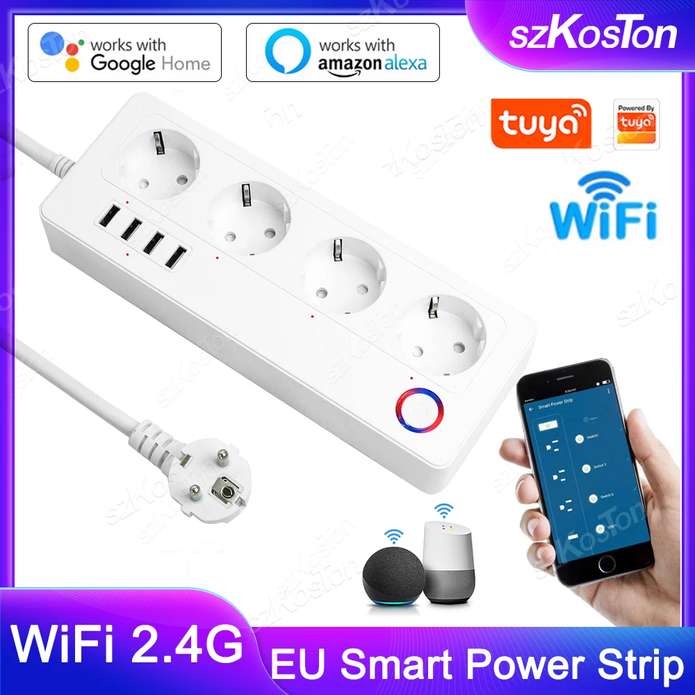 Wifi Smart Power Strip 4EU 4USB Outlets Plug 5V3.1A Charging Port Timing  Bluetooth Control with Alexa Google Home Assistant