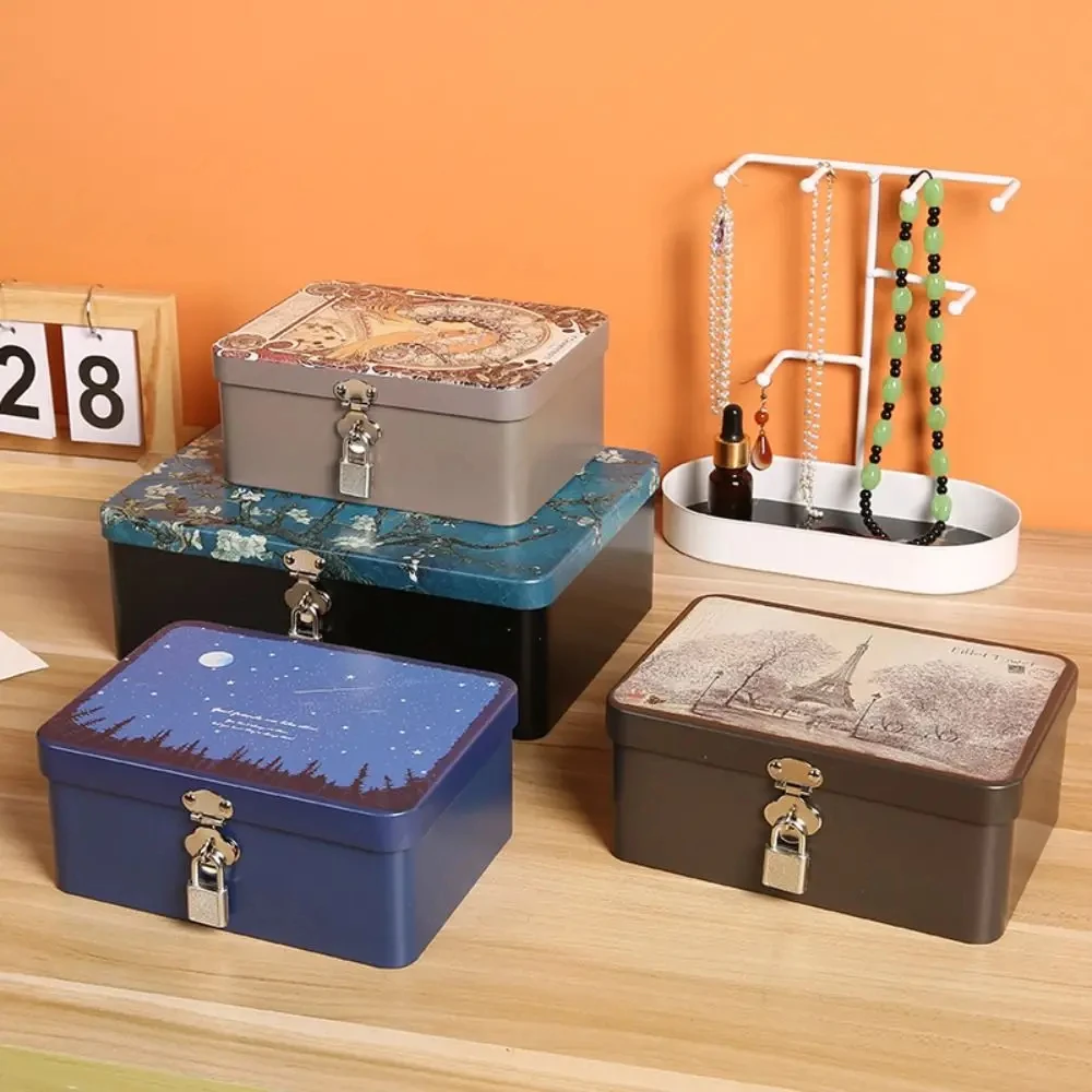 Vintage Large Capacity Tinplate Box with Lock Key Desktop Storage Case Metal Box Jewelry Storage Empty Box-animated-img