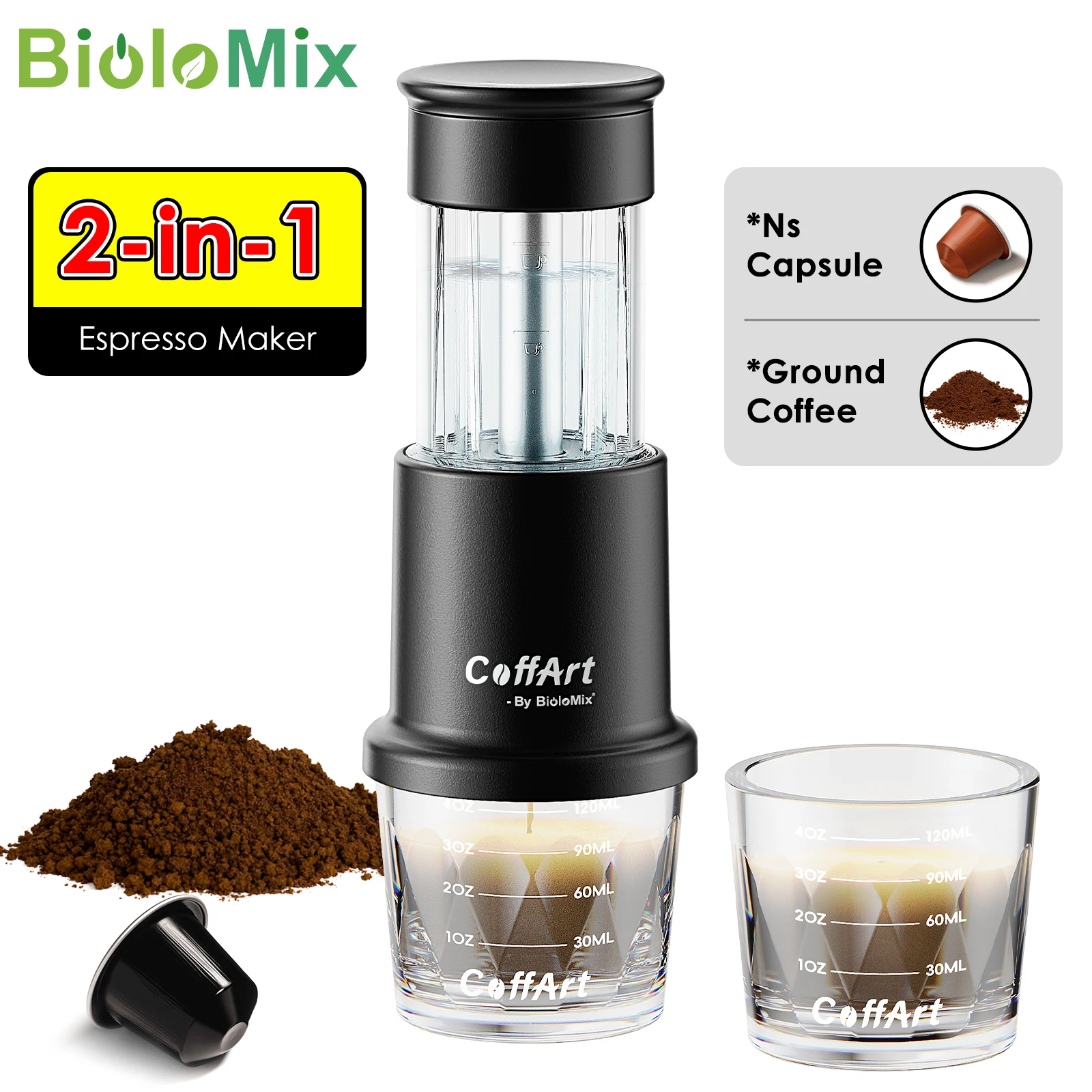 BioloMix 2 In 1 Manual Espresso Coffee Machine Hot/Cold Portable coffee Maker For NS Capsules & Ground Hand Press,hiking Camping-animated-img