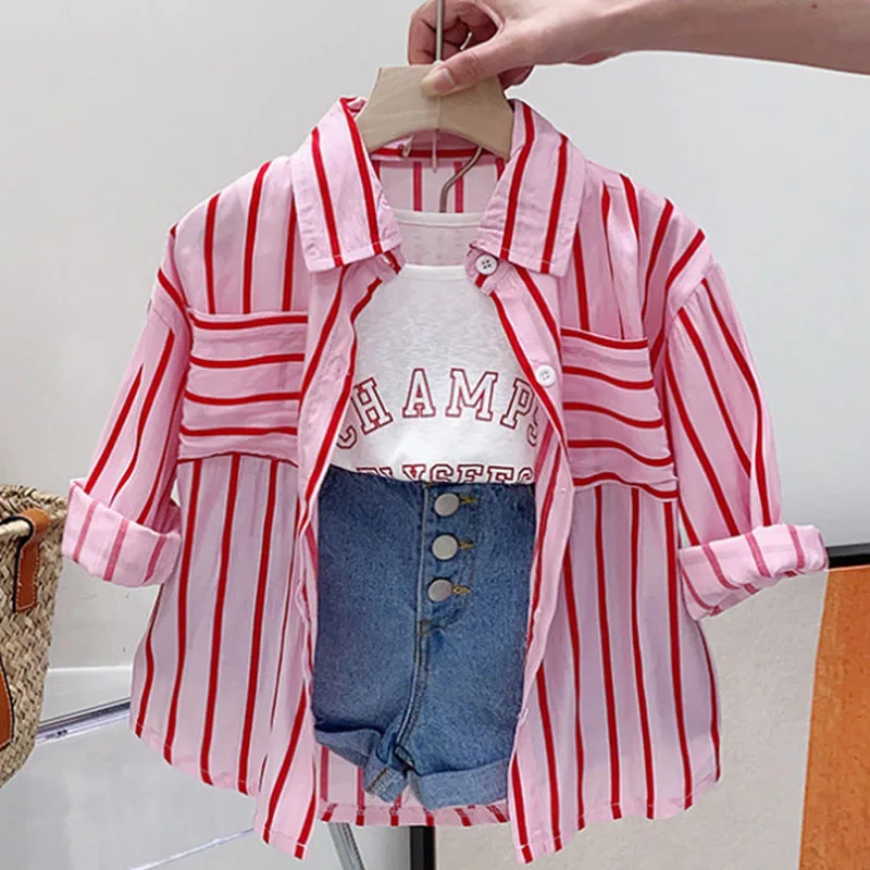 3PCS Children Girl Clothing Set Spring Summer Shirts+Outwear+Shorts Suit 3-8Y Kids Girl Clothes-animated-img