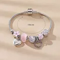 Obega Love Heart Flower Glass Pendant Charm Bracelet Classic Pink White Crystal Stone Adjustable Bead Bracelet Silver Gold Color preview-2