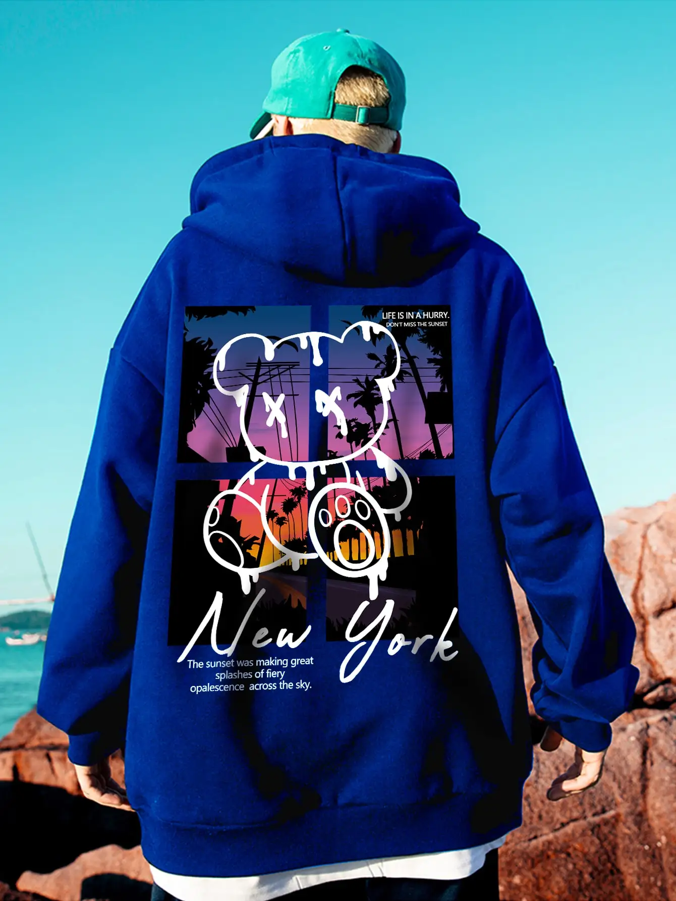 New York Art Word Cartoon Bear Sunset Scenery Design Male Clothing Hip Hop Street Hoodies All-Match Pocket Pullovers Men Hoody-animated-img