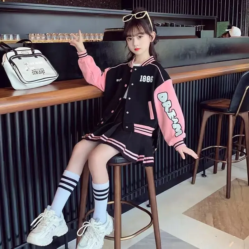 Girls Korean Style Pleated Skirt Set 2024 Autumn New Fashionable Mid To Large Children's Baseball Jersey Mini Dress 2-piece Set preview-3