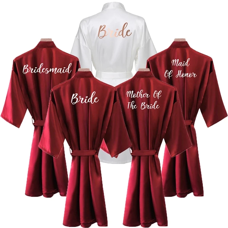 Bride Robe Women Burgundy Robe Satin Silk Robes Wedding Bridal Bridesmaid Robes Bathrobe Sleepwear Silk Dress-animated-img