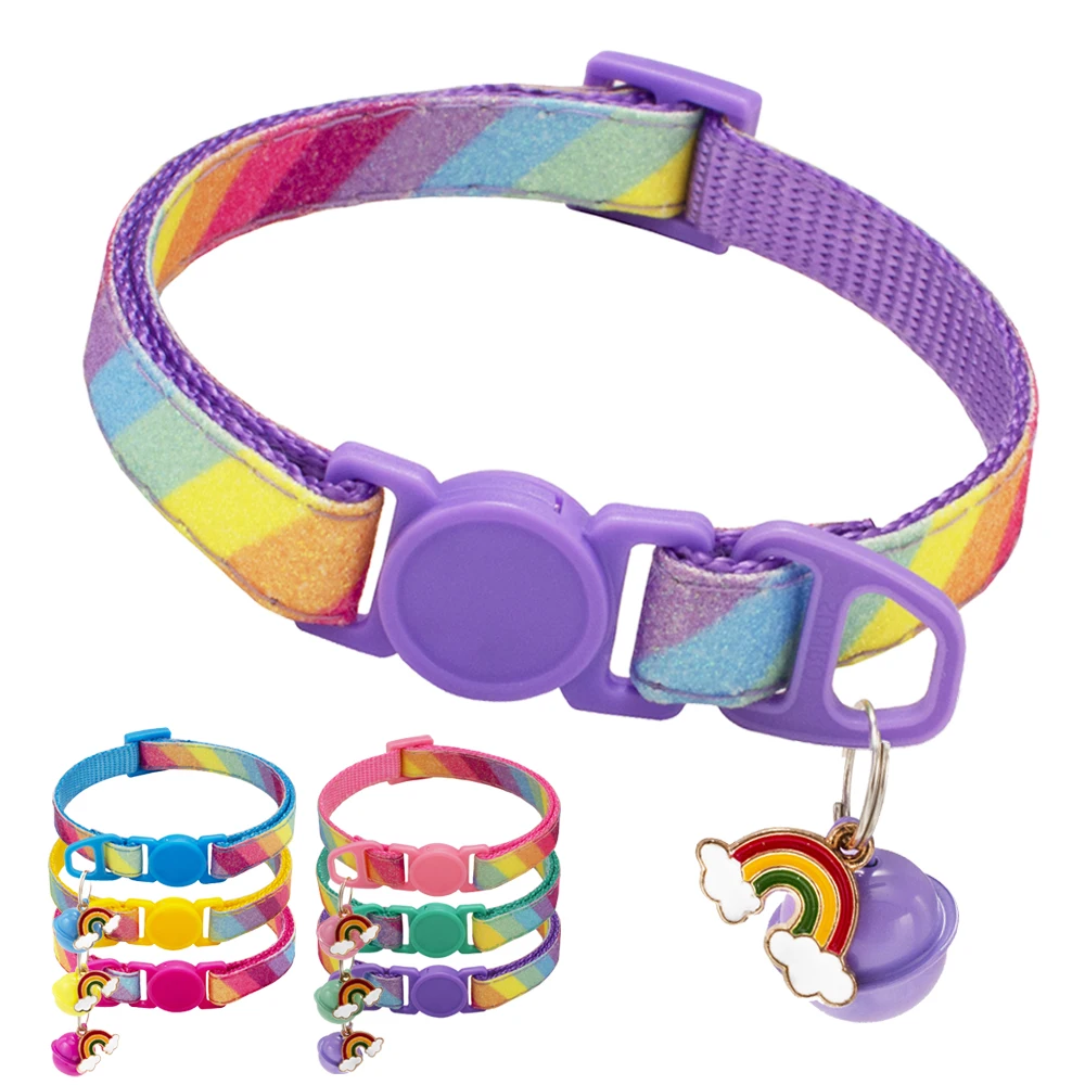 Rainbow Cat Collar with Bell Glitter Nylon Macaron Rainbow Flea Quick Release Safety Breakaway Cat Collar for Cat Accessories-animated-img