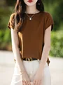 New Chic Women O-neck Silk Wool T-shirt Spring Summer Basic Grace Soft Short Sleeve Pullover Sweater 30% Merino Wool Knitwear