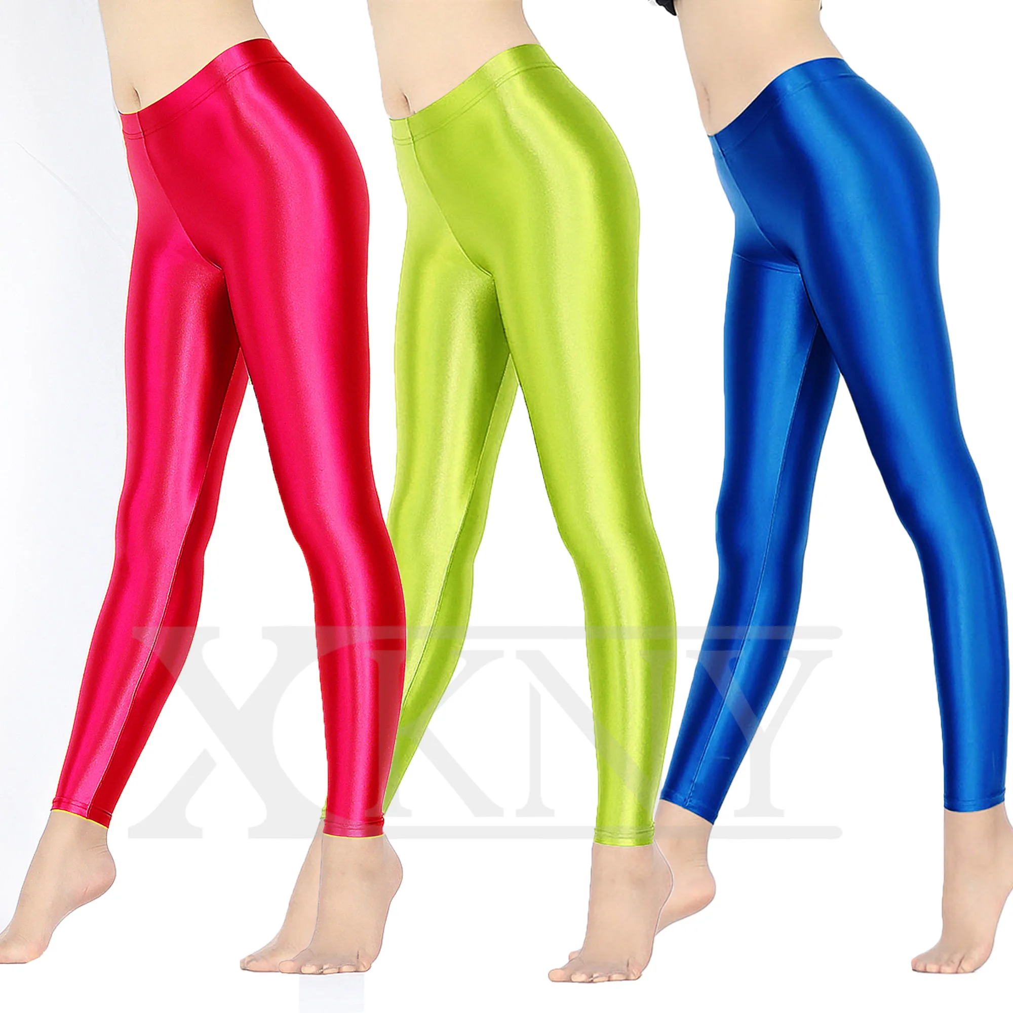 Xckny Satin Silky Smooth Leggings Yoga Bodybuilding Tights Front Crotch  Seamless One-piece Tights Silky Glossy Pants