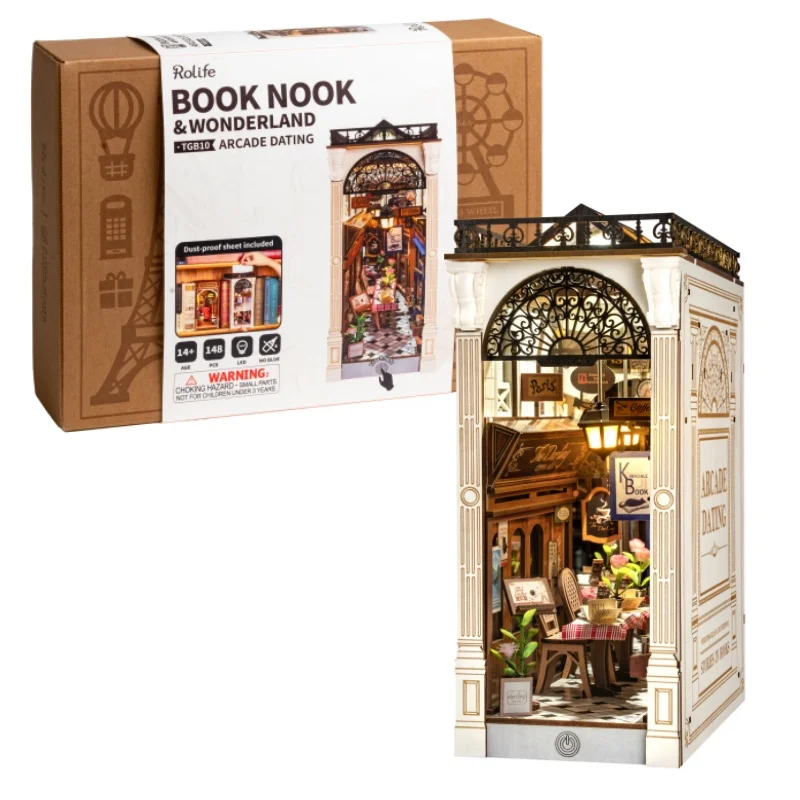 Robotime Book Nook Kits Arcade Dating Booknook DIY Miniature Dolls House Kit 3D Wooden Puzzle Bookend Bookshelf Decor Gift-animated-img