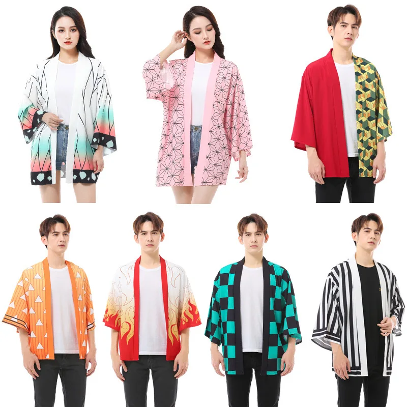 Women/Men Summer Casual Cool Streetwear Demon Slayer Kimetsu no Yaiba Print Japanese Anime Kimono Haori Yukata Cosplay-animated-img