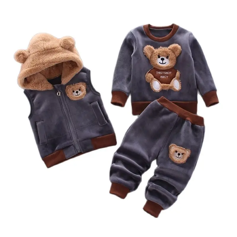 Baby Boys And Girls Clothing Set Tricken Fleece Children Hooded Outerwear Tops Pants 3PCS Outfits Kids Toddler Warm Costume Suit-animated-img